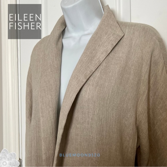 EILEEN FISHER Tan Open Front Lightweight Linen Cotton Jacket L - Picture 2 of 7
